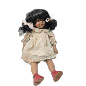 Vintage Porcelain Doll 16” Brunette Curly Hair Floral Outfit Collectible